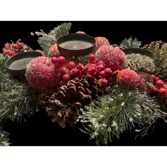 Vtg MCM Sugared Fruit Pinecone & Pine Needle Centerpiece Pillar Candle Holders - Picture 3 of 11